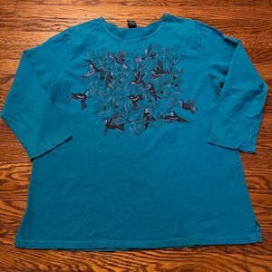 Sabaku Artwear Hummingbird Teal Cotton 3/4 Sleeve Tee Shirt Women's Medium USA